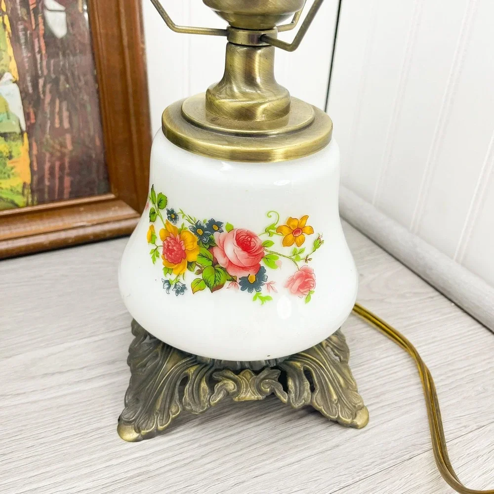 Vintage Floral Porcelain Table Lamp - Brass Base - Milk Glass Globe